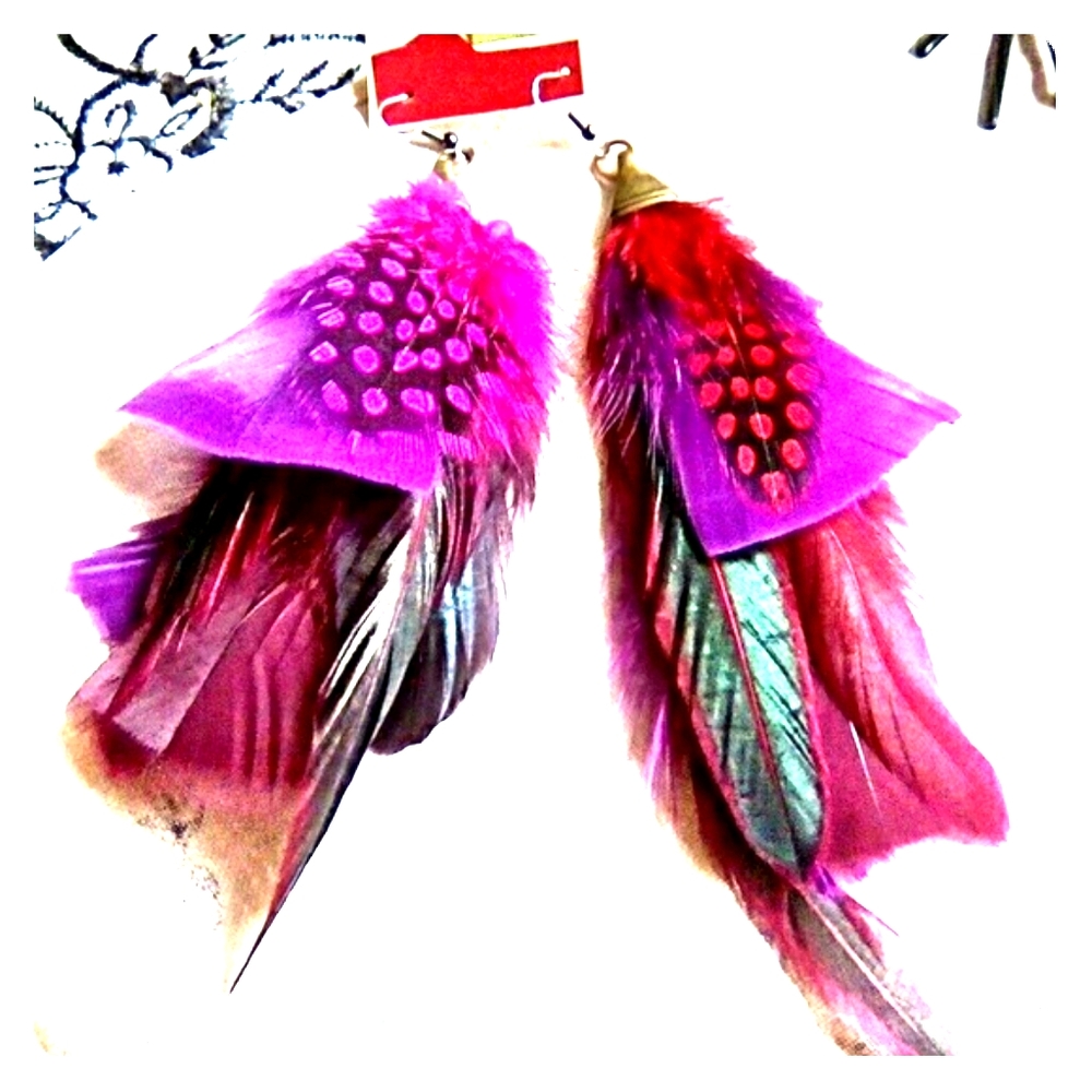 Purple Pink Feather Earrings, Tribal Style Jewelry
